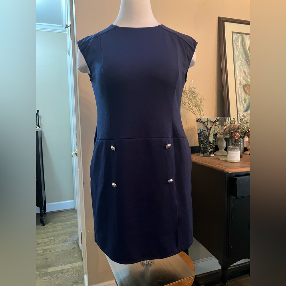 NYC Navy Sleeveless Shift Dress with Gold Button Accents - Picture 5 of 8